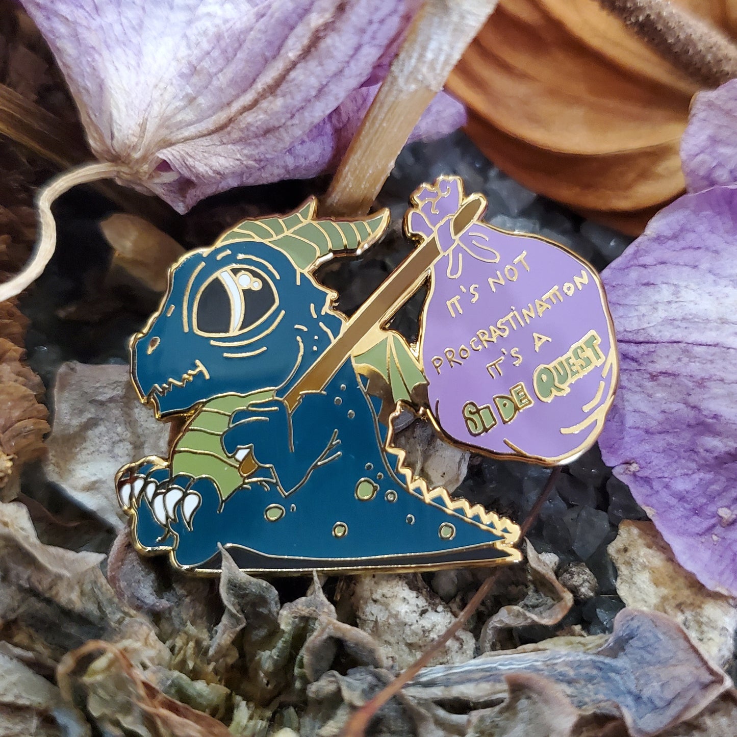 "It's not procrastination, it's a side quest" Derpy Dragon Pin