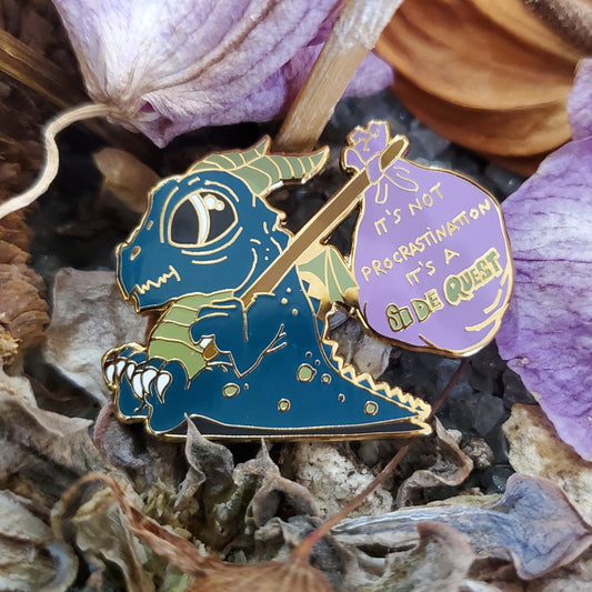 "It's not procrastination, it's a side quest" Derpy Dragon Pin