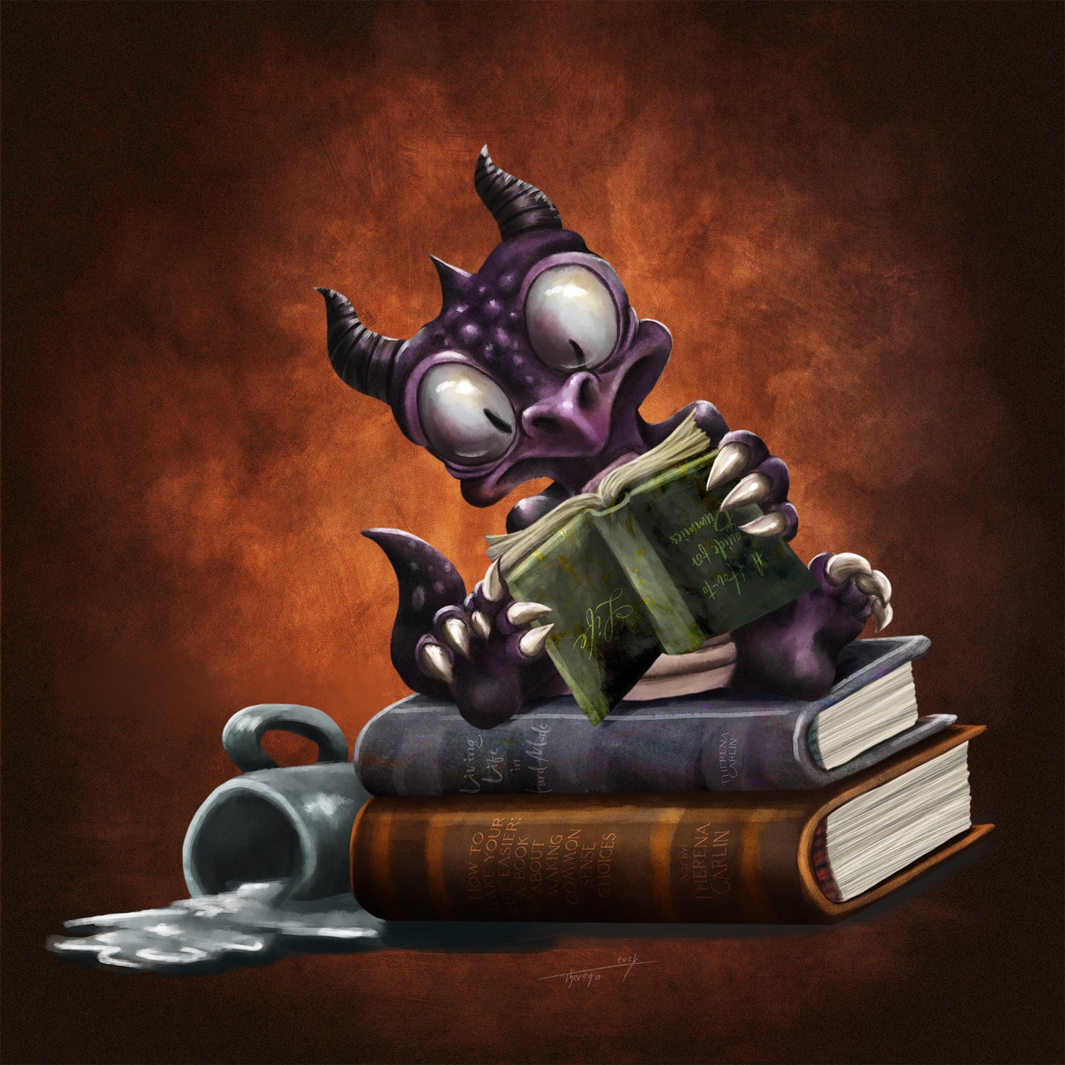 an adorable derpy dragon sitting on books reading about life, holding the guidebook upside down 