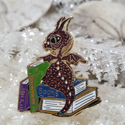 "It's not hoarding if it's books" Derpy Dragon Pin